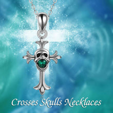 Load image into Gallery viewer, Sterling Silver Skull Cross Necklaces Faith Pandent Green Crystal Halloween Necklace