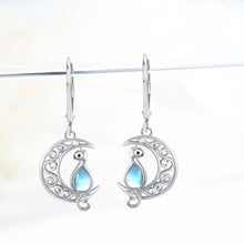 Load image into Gallery viewer, Moon Cat Earrings for Women Hypoallergenic 925 Sterling Silver Crescent Cat Drop Dangle Earrings Moon Cat Hook Earrings for Mom