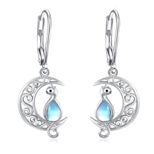 Load image into Gallery viewer, Moon Cat Earrings for Women Hypoallergenic 925 Sterling Silver Crescent Cat Drop Dangle Earrings Moon Cat Hook Earrings for Mom