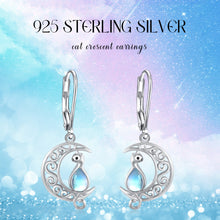 Load image into Gallery viewer, Moon Cat Earrings for Women Hypoallergenic 925 Sterling Silver Crescent Cat Drop Dangle Earrings Moon Cat Hook Earrings for Mom
