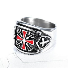 Load image into Gallery viewer, Red Crusaders Cross Shield Stainless Steel Mens Rings Punk Hip Hop