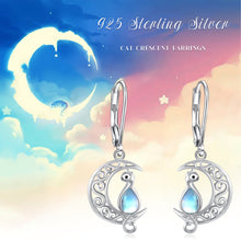 Load image into Gallery viewer, Moon Cat Earrings for Women Hypoallergenic 925 Sterling Silver Crescent Cat Drop Dangle Earrings Moon Cat Hook Earrings for Mom