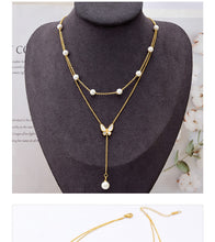 Load image into Gallery viewer, Butterfly Women&#39;s Titanium Steel Double-layer Chain Pearl Long Fringe Pendant Color-retaining V-neck Clavicle
