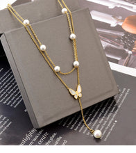 Load image into Gallery viewer, Butterfly Women&#39;s Titanium Steel Double-layer Chain Pearl Long Fringe Pendant Color-retaining V-neck Clavicle
