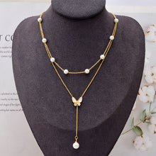 Load image into Gallery viewer, Butterfly Women&#39;s Titanium Steel Double-layer Chain Pearl Long Fringe Pendant Color-retaining V-neck Clavicle
