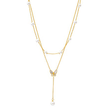 Load image into Gallery viewer, Butterfly Women&#39;s Titanium Steel Double-layer Chain Pearl Long Fringe Pendant Color-retaining V-neck Clavicle
