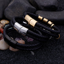 Load image into Gallery viewer, Gold Color Stainless Steel Leather Bracelet Men Black Mens Leather Wrap Bracelets Jewelry Wristband With Magnet Clasp
