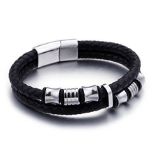 Load image into Gallery viewer, Gold Color Stainless Steel Leather Bracelet Men Black Mens Leather Wrap Bracelets Jewelry Wristband With Magnet Clasp
