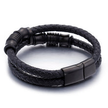 Load image into Gallery viewer, Gold Color Stainless Steel Leather Bracelet Men Black Mens Leather Wrap Bracelets Jewelry Wristband With Magnet Clasp
