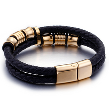 Load image into Gallery viewer, Gold Color Stainless Steel Leather Bracelet Men Black Mens Leather Wrap Bracelets Jewelry Wristband With Magnet Clasp
