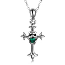Load image into Gallery viewer, Sterling Silver Skull Cross Necklaces Faith Pandent Green Crystal Halloween Necklace
